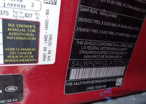 2020 Land Rover Range Rover Sport Hse z USA, uszkodzony, nr VIN SALWR2RY0LA707563